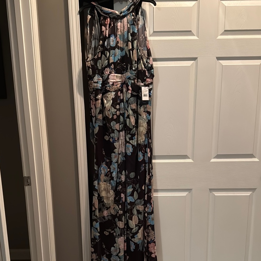 Adrianna Papell Black Floral Maxi Dress with Blue and Pink Accents